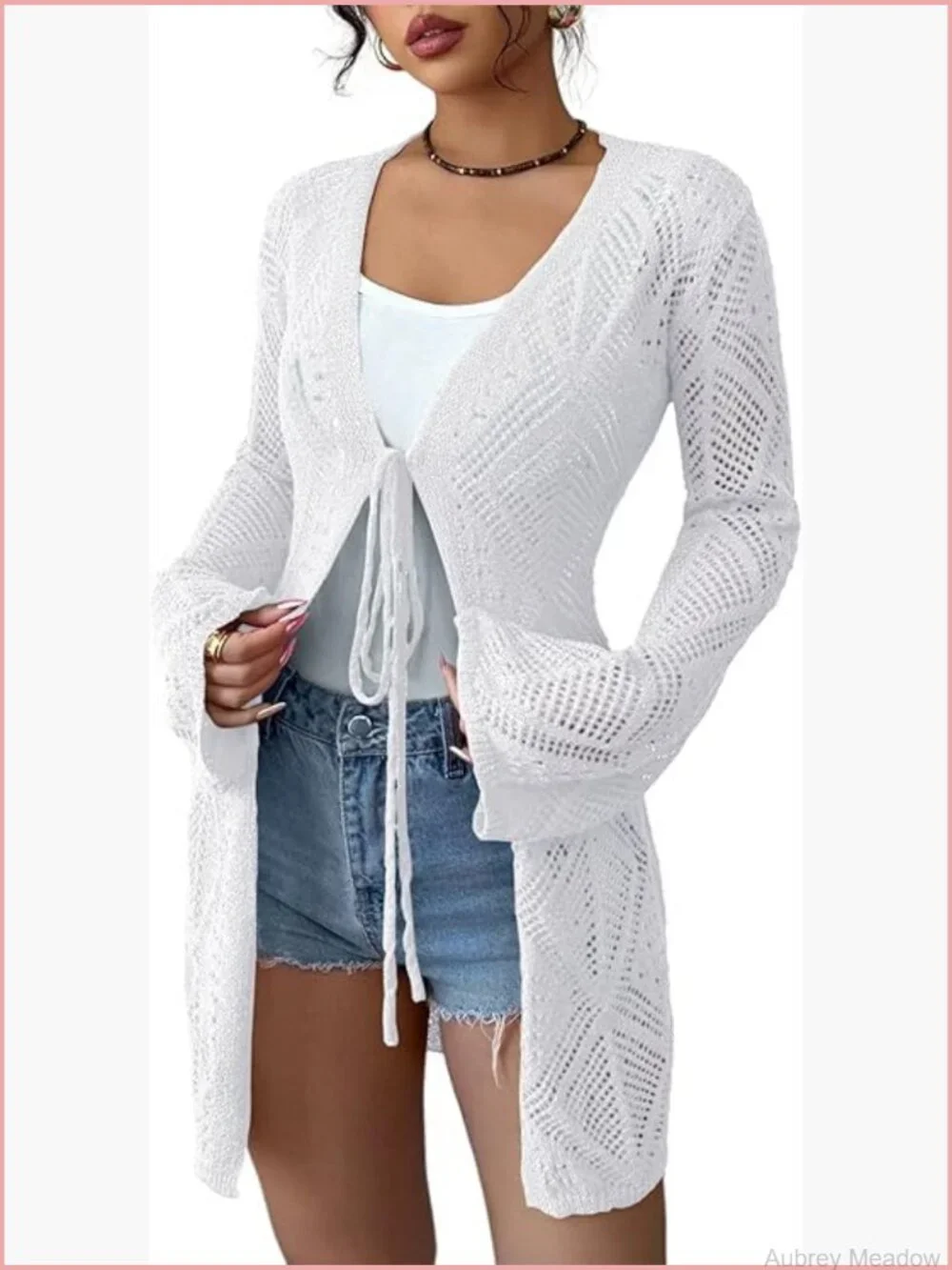 Boho Crochet Sheer Mesh Beach Cover-Up Open Front Loose Knit Cardigan